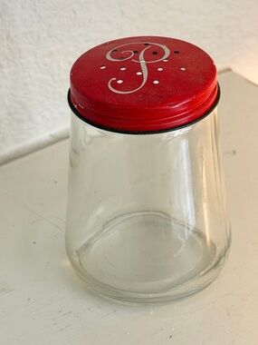 Vintage Glass Pepper Shaker Red Metal Lid Monogram P Retro Kitchen